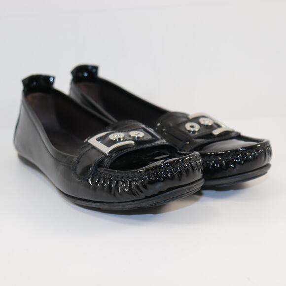 Stuart Weitzman Black Patent Moc Toe Flats | Size 9N | Buckle Detail - Picture 1 of 6